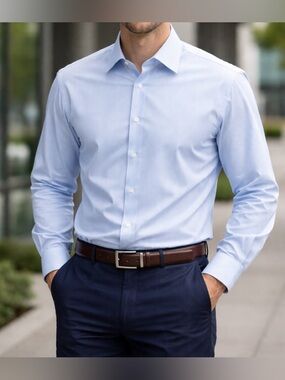 Express Design Studio Men's Light Blue Pinstripped Shirt - Classic 100% Cotton